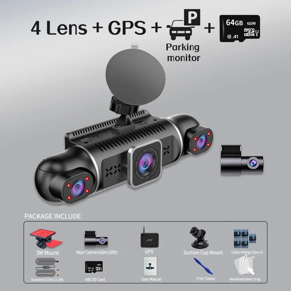 Dash Cam for Cars Free 64GB Dash Cam 360 Degrees Car DVR WiFi GPS 24h Parking Monitor 4 Lens HD 1080P Video Recorder APP Control