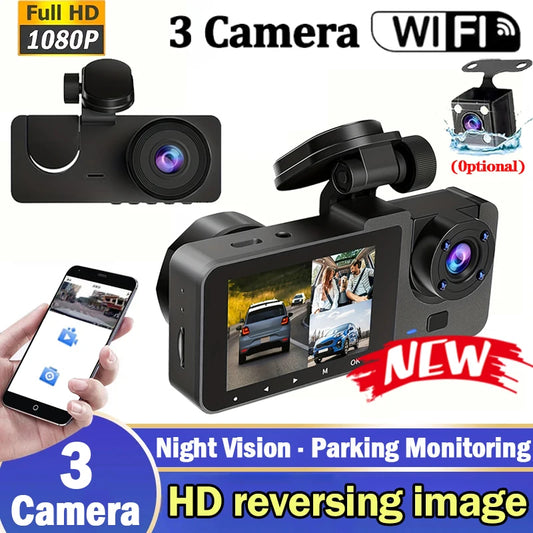 Dash Cam for Cars WIFI APP Car DVR 3 Channel Front Camera Video Recorder Rear View Camera for Vehicle Black Box Car Assecories