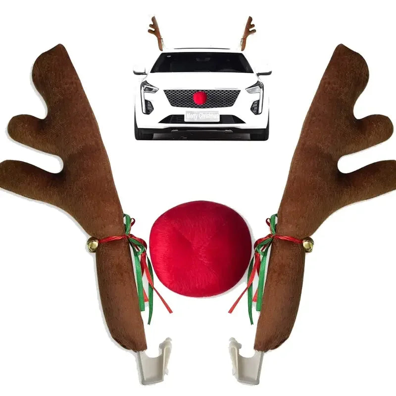 Christmas Car Antler Kit with Red Nose and Holiday Decor